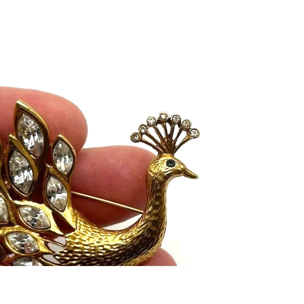 Vintage Strutting‎ Goldtone Peacock With Navette Rhinestone Plumage Brooch Pin